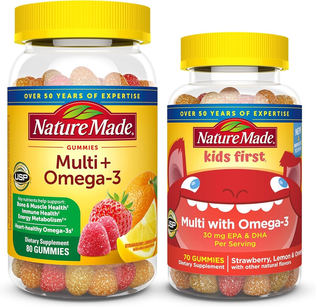 Nature faite adulte et enfants Multivitamin Gummies Combo Pack, Multis avec vitamine C, vitamine D3, vitamine B, zinc, oméga 3 huile de poisson et plus, deux bouteilles multivitamines pour la famille entière