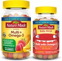 Nature faite adulte et enfants Multivitamin Gummies Combo Pack, Multis avec vitamine C, vitamine D3, vitamine B, zinc, oméga 3 huile de poisson et plus, deux bouteilles multivitamines pour la famille entière