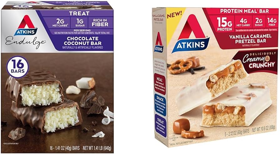 Atkins Chocolate Coconut Bar 16 Compte, Vanilla Caramel Pretzel Protein Meal Bar 5 Compte