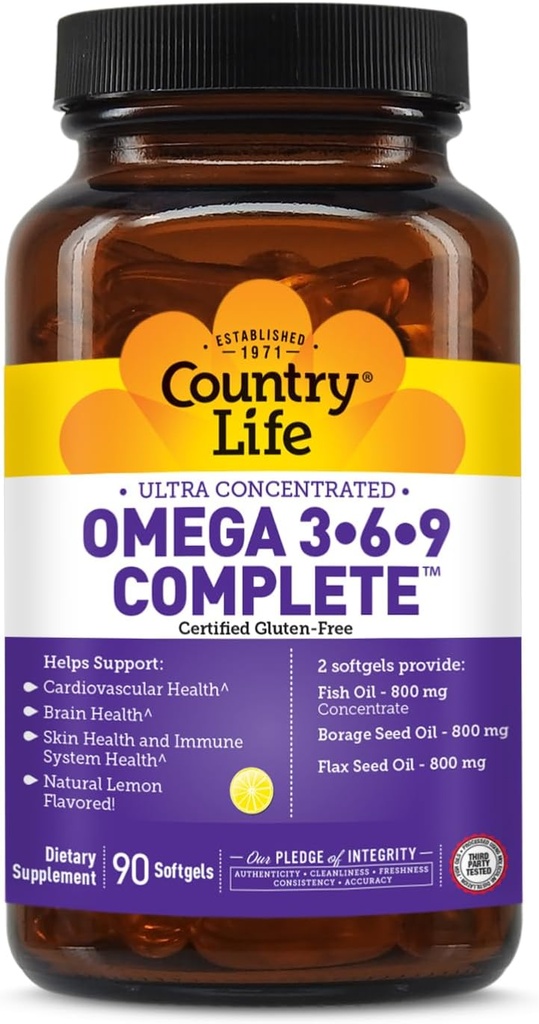 Country Life Omega 3-6-9 Supplément complet - 1,534mg Acides gras oméga - Soutient la santé cardiovasculaire, cérébrale, cutanée et immunitaire - Certifié sans gluten, sans OGM - 90 Softgels