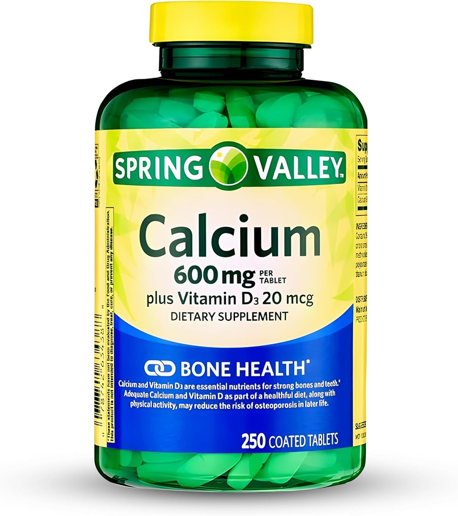 Supplément au calcium de Spring-Valley-Calcium 600 mg avec vitamine d3 pour la santé des os plus forts-250 comprimés