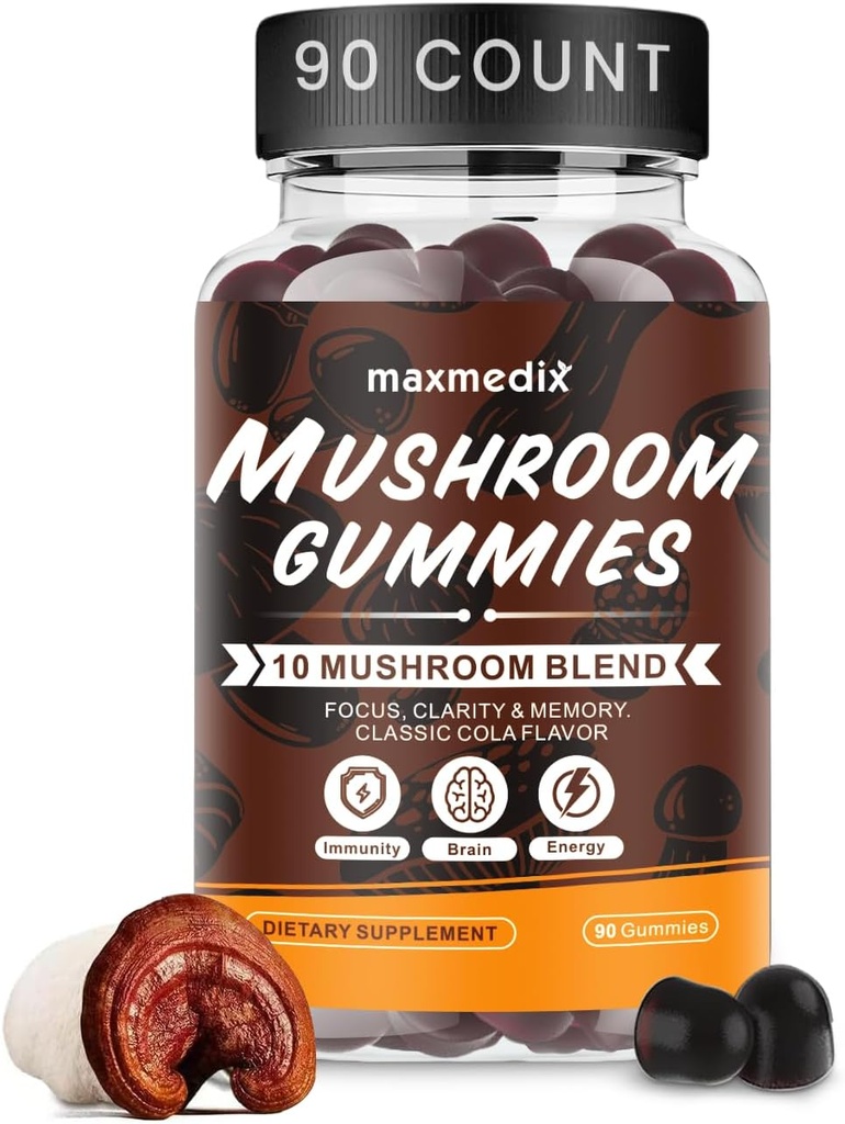 maxmedix Gommies de Champignons - 10x Supplément de Champignons avec Ashwagandha et Lions Mane - Brain Booster, Immune Support, Énergie - Supplément de Champignons pour hommes et femmes 90 Gommies de Coca