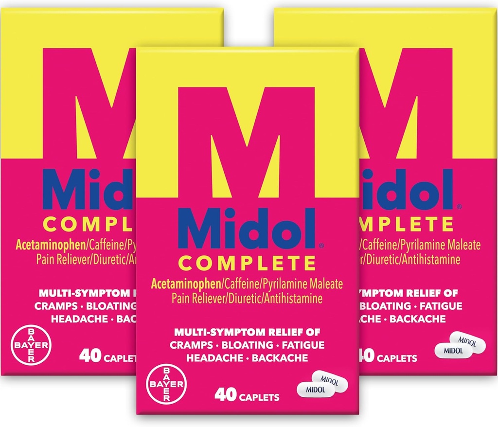 Midol Caplets complets de soulagement de la douleur menstruelle avec l'acétaminophène pour les crampes d'époque, et soulagement des symptômes menstruels - 40 Compte (paquet de 3) (paquet de mai Vary)