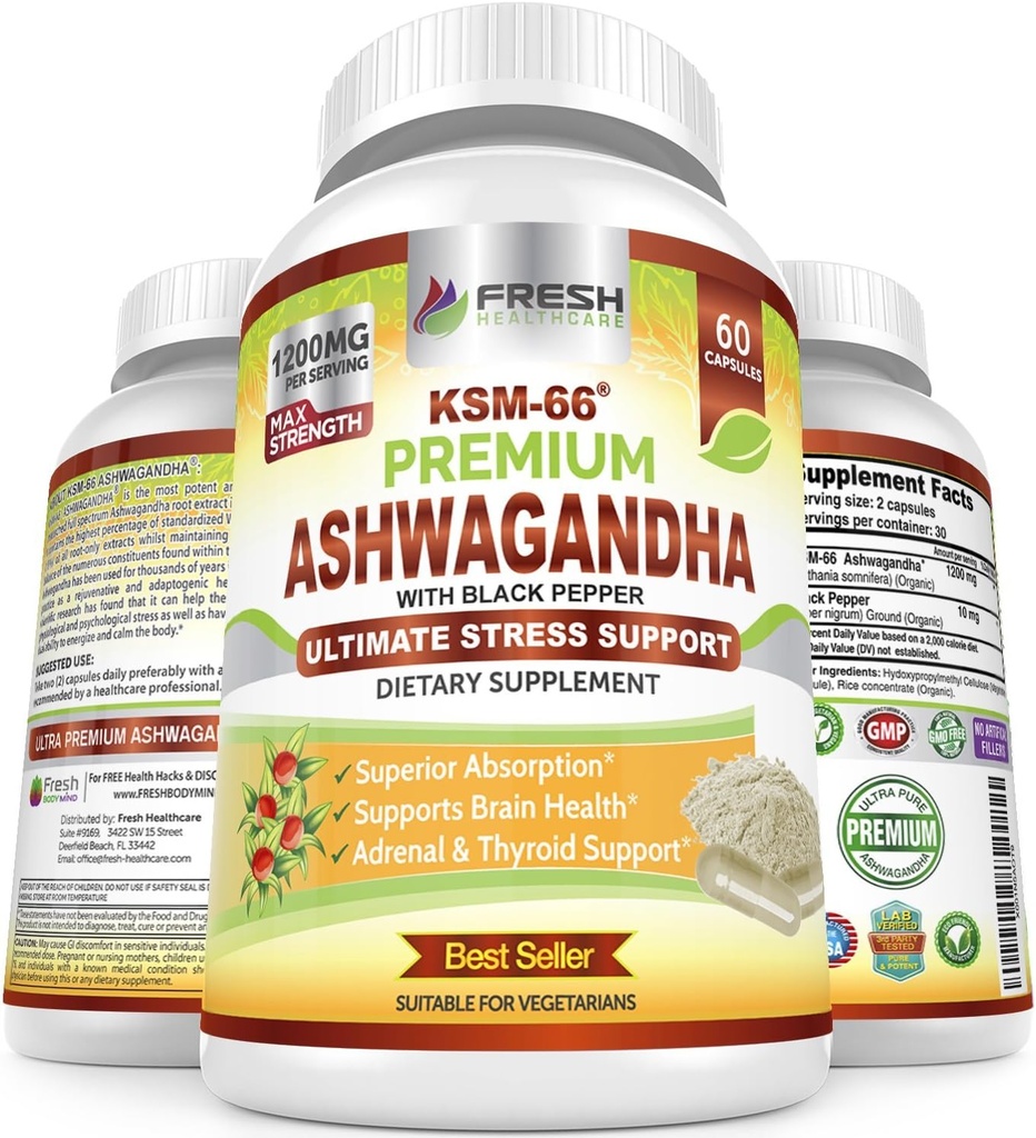 FRESH HEALTHCARE Capsules Ashwagandha KSM-66 1200mg Extrait de racine pure avec poivre noir pour haute absorption - Potent Ashwagandha Supplément - 60 Capsules Vegan