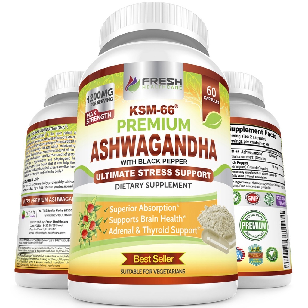 FRESH HEALTHCARE Capsules Ashwagandha KSM-66 1200mg Extrait de racine pure avec poivre noir pour haute absorption - Potent Ashwagandha Supplément - 60 Capsules Vegan