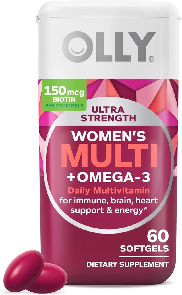 Multisoftgels OLLY pour femmes, santé globale et soutien immunitaire, Oméga-3, fer, vitamines A, D, C, E, B12, multivitamine quotidienne, 30 jours d'approvisionnement - 60 Nombre