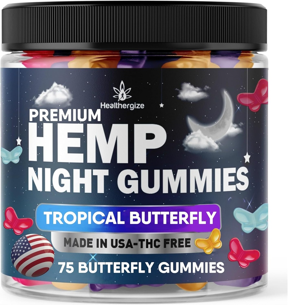 Gummies de chanvre Temps de nuit, Gummies de Nap haute puissance, Paix et détente, Nourris de papillon fruité, bonne humeur, calme, repos temps de lit naturel huile de chanvre Oméga-Fabriqué aux États-Unis