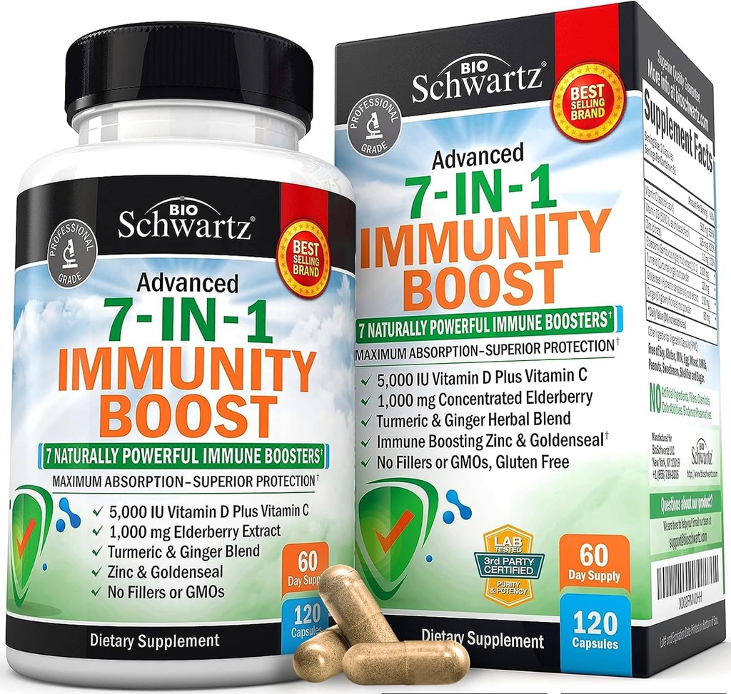 Supplément de soutien immunitaire avec vitamine C de zinc Vitamine D 5000 UI Gingembre d'ail D3 - Dr Vitamines d'immunité approuvées pour les adultes Femmes et hommes - Système immunitaire naturel Booster Défense -120ct