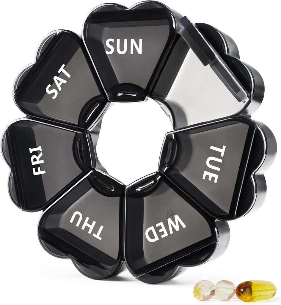 MOLN HYMYMY Large Pill Organizer 7 jours, jolie boîte à pilules hebdomadaire cas, mignon distributeur de médicaments fille pour la vitamine, Gummy, médicaments, supplément (noir)