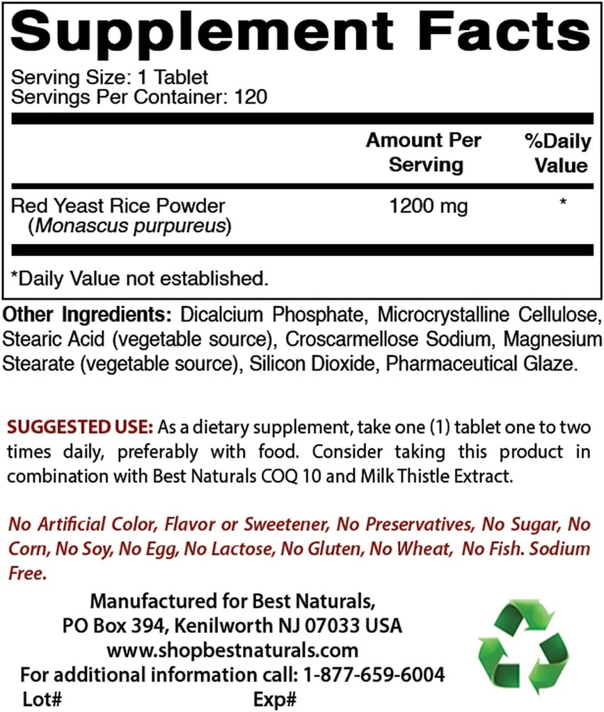 Best Naturals Red Yeast Riz Cholestérol Support 1200 mg & COQ10 100 mg