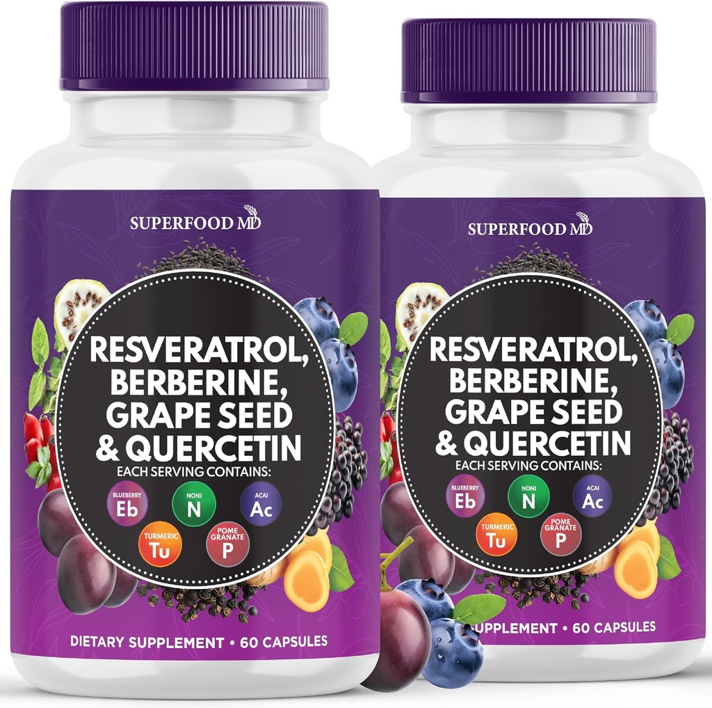 Resvératrol Berberine Graine Extract Quercetin - Supplément de polyphénol avec extrait de noni, N-acétyl Cysteine, extrait d'açai - Fabriqué aux États-Unis - 120 capsules