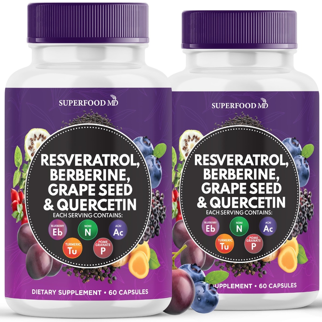 Resvératrol Berberine Graine Extract Quercetin - Supplément de polyphénol avec extrait de noni, N-acétyl Cysteine, extrait d'açai - Fabriqué aux États-Unis - 120 capsules