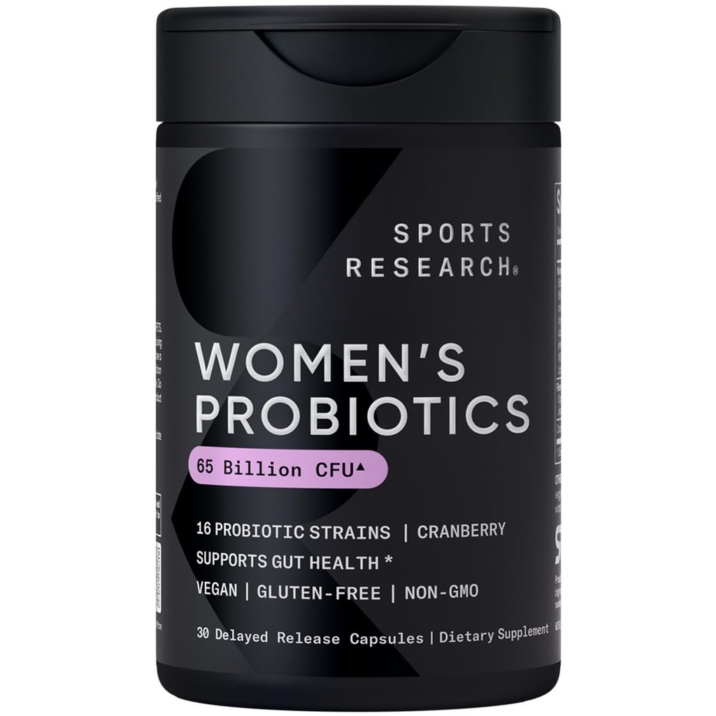 Sports Research® Probiotiques pour femmes avec prébiotiques, 65 milliards d'UCF - Capsules végétaliennes pour la santé de Gut & Soutien digestif, Probiotiques pour femmes avec canneberge - Non-OGM Vérifié et sans gluten - 30 Nombre
