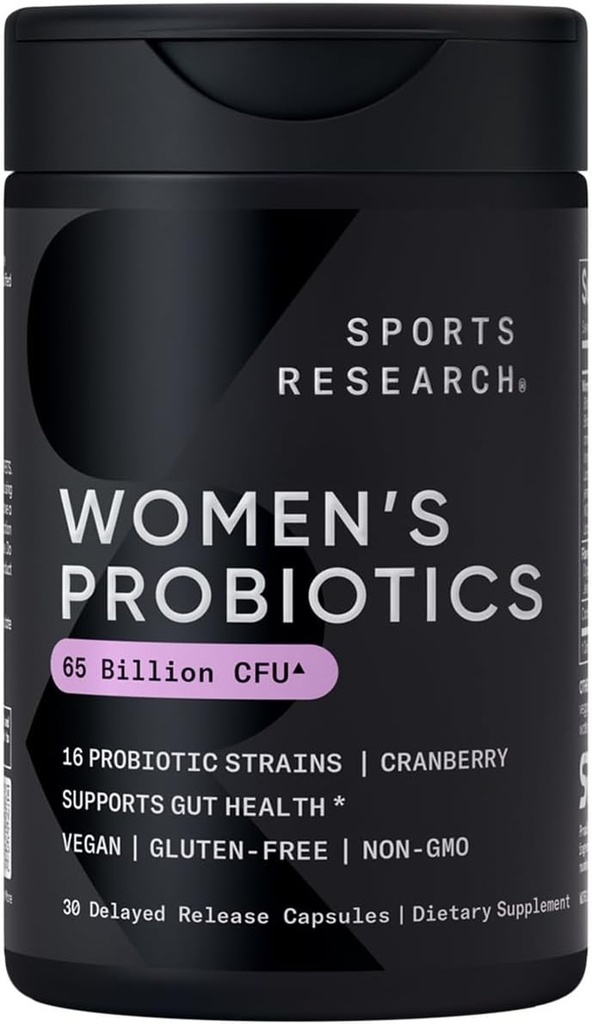 Sports Research® Probiotiques pour femmes avec prébiotiques, 65 milliards d'UCF - Capsules végétaliennes pour la santé de Gut & Soutien digestif, Probiotiques pour femmes avec canneberge - Non-OGM Vérifié et sans gluten - 30 Nombre