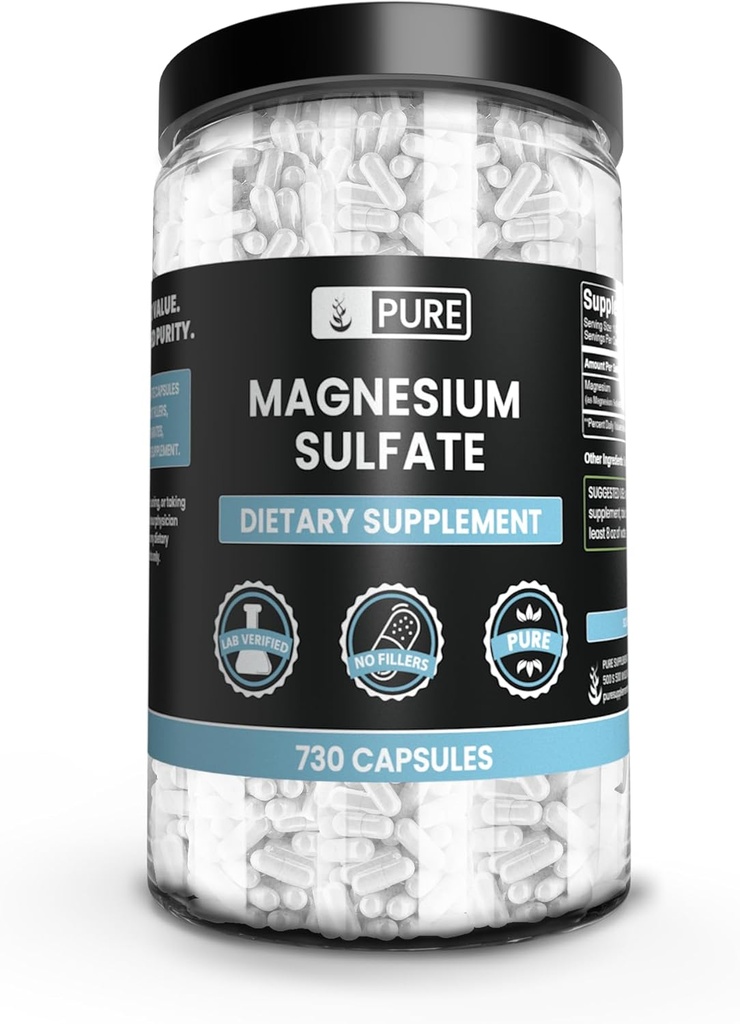 Ingrédients originaux purs Sulfate de magnésium (730 Capsules) Pas de remplissage de riz, toujours pur, vérifié en laboratoire