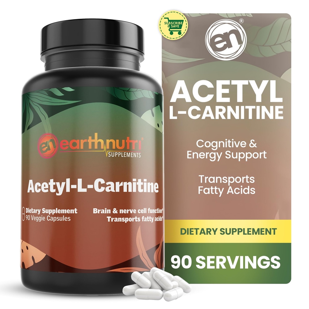 EarthNutri Capsule d'acétyl-L-Carnitine – Sans additif, sans gluten, sans remplissage, sans conservateur – Supplément d'acétylL-Carnitine aide à la concentration et à l'énergie – 500mg par portion, non aromatisée 90 Compte