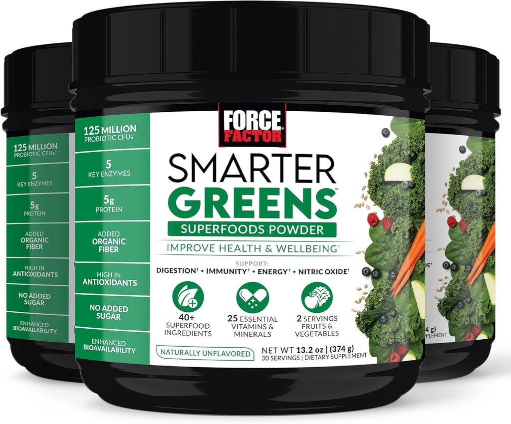 FACTEUR DE FORCE Plus intelligent Greens Superfoods Poudre, 3-paquets, soutient la digestion et le gonflement, l'immunité et l'énergie, poudre verte avec probiotiques, enzymes digestives, antioxydants et fibre, 90 portions