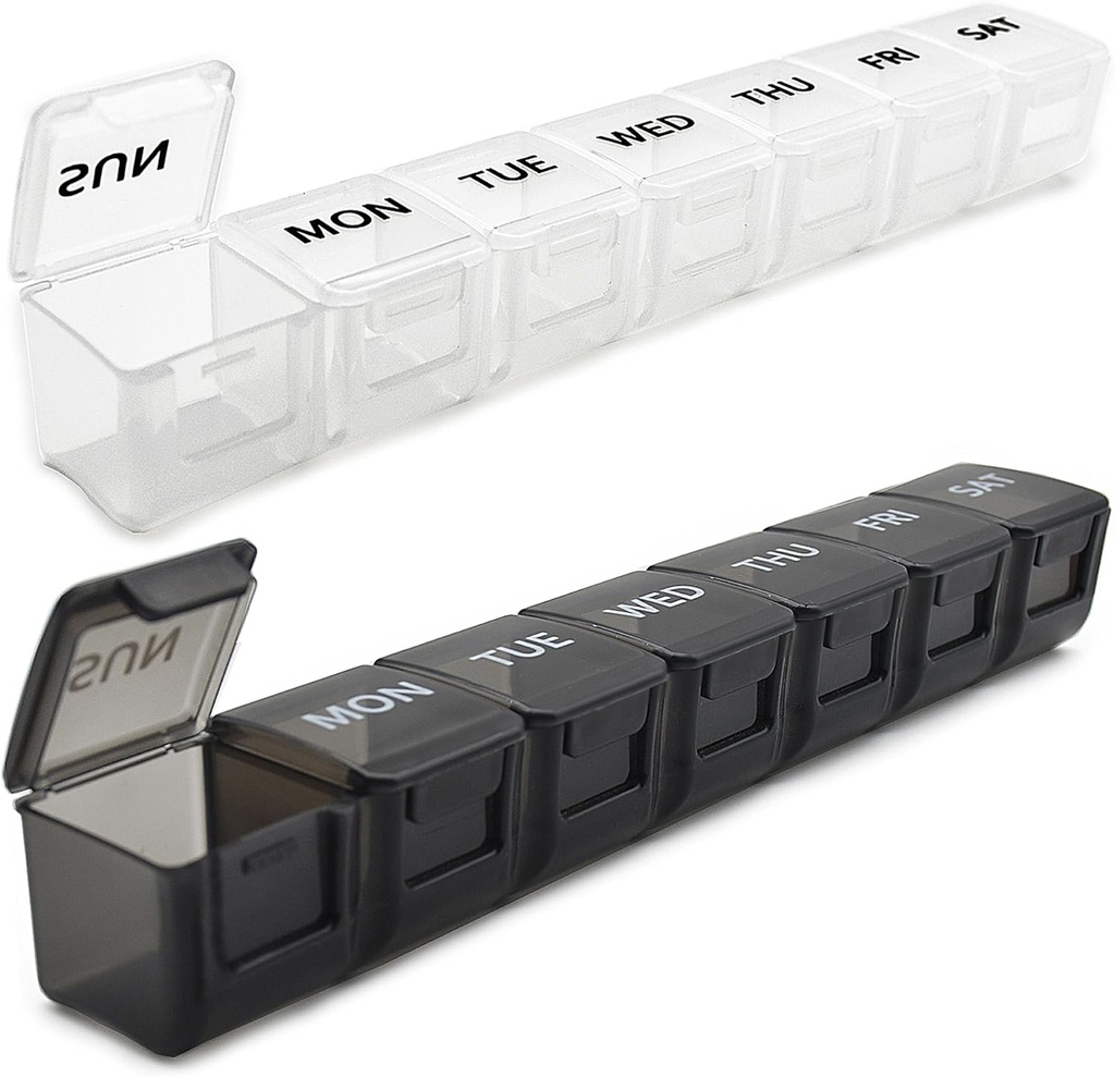2 Pack Weekly Pill Organizer, grand cas de pilule de 7 jours, boîte de médecine quotidienne cas de vitamine, AM/PM Pill Conteneurs pour médicaments suppléments Huile de poisson (blanc et noir)