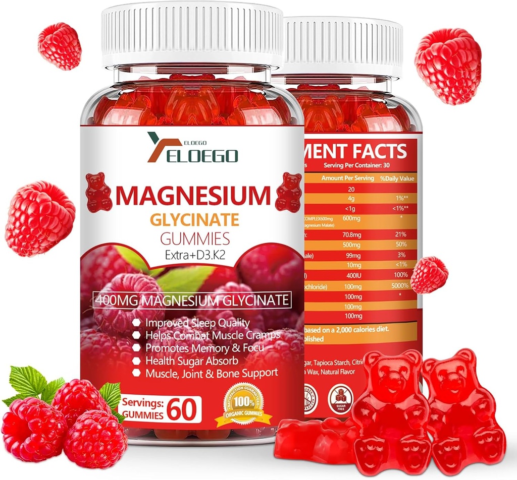 Magnésium Glycinat Gommies 600mg (Malate de magnésium 200mg), extra K2 & D3, supplément de magnésium d'absorption élevée pour le sommeil, soulagement de la contrainte, soutien nerveux, framboise (60compte)