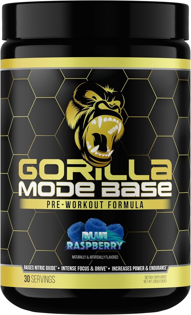 Gorilla Mind Base Pre Workout - élève l'oxyde nitrique Intense Focus & Drive Puissance d'endurance - L-Citrulline, L-Tyrosine, Betaine, Alpha-GPC, Caféine, Huperzine A - 360 Grams (Blue Raspberry)