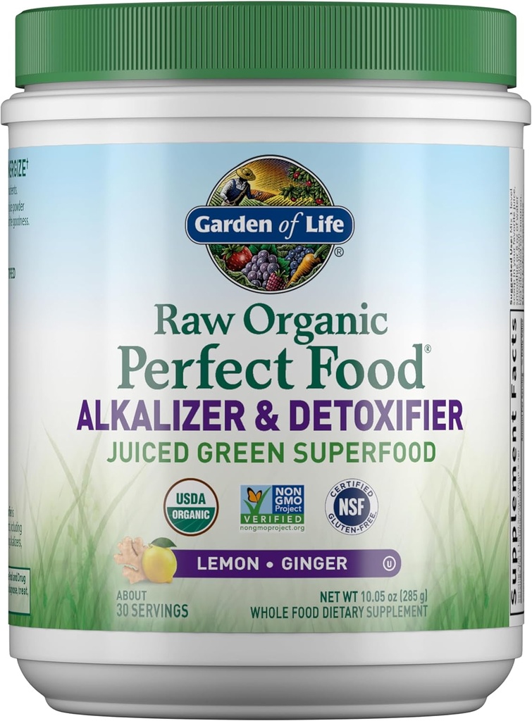 Jardin de la vie Raw Organic Perfect Food Alkalizer & Detoxifier Juiced Greens Superfood Poudre - Gingembre de citron, 30 portions - Non-OGM, supplément alimentaire complet sans gluten, plus probiotiques