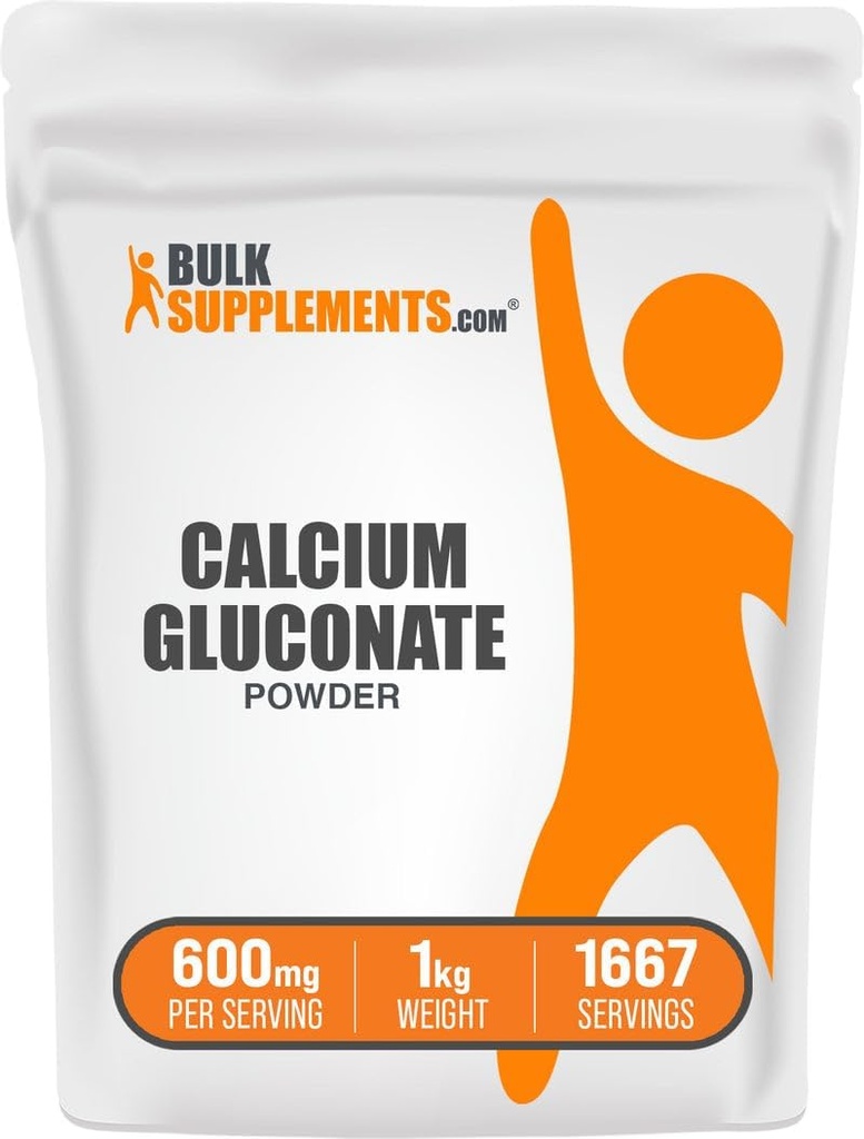BulkSupplements.com Poudre de gluconate de calcium - Supplément de calcium, facilement absorbé - Sans aromatisé et sans gluten, 600mg par portion, 1kg (2,2lbs) (paquet de 1)