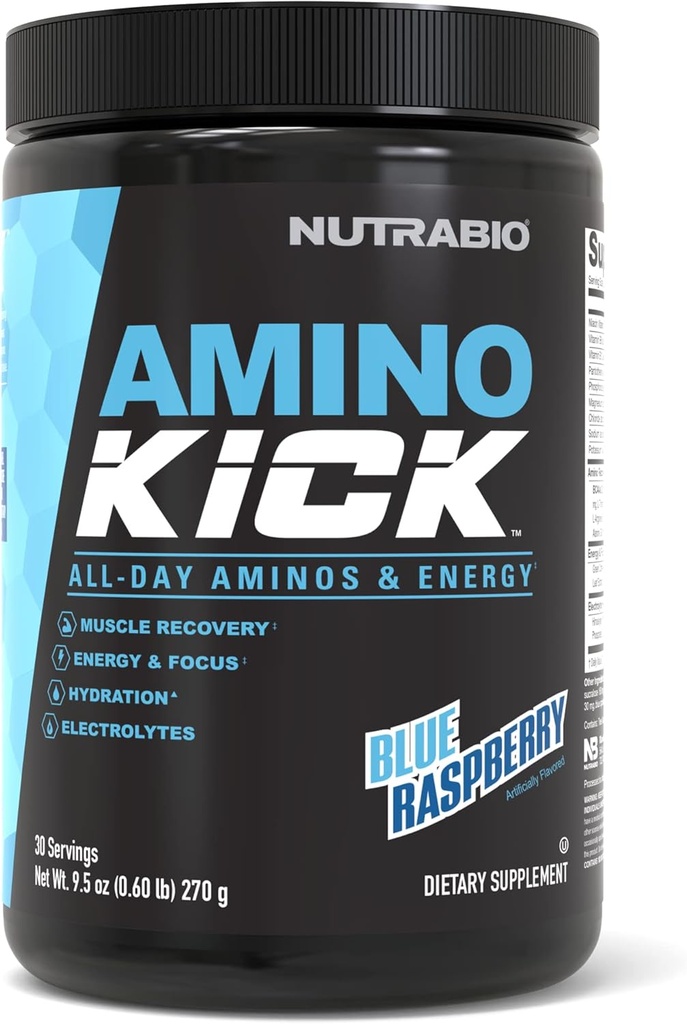 NutraBio Amino Kick – BCAA poudre avec caféine naturelle – supplément acides aminés pour l'énergie, l'hydratation et la récupération – BCAA, électrolytes et acides aminés – framboise bleue, 30 portions