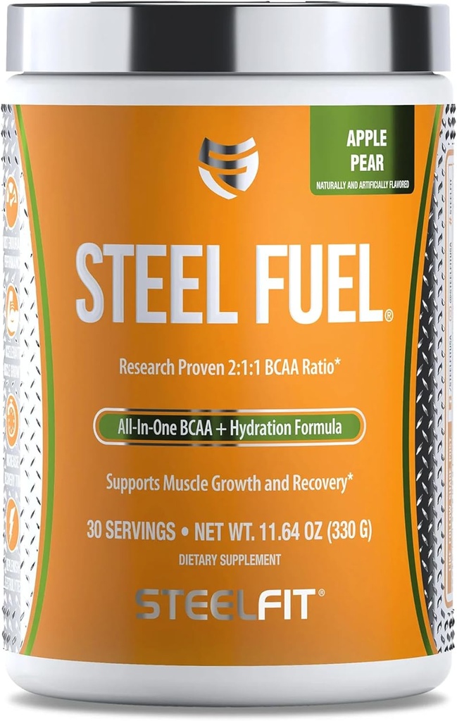 SteelFit Steel Fuel 5g BCAAs Amino Acids Powder for Intra-Workout to Accelerate Muscle Growth & Enhanced Endurance - 30 Servings in Apple Pear - BCAA Supplements Powder for Electrolytes & Recovery