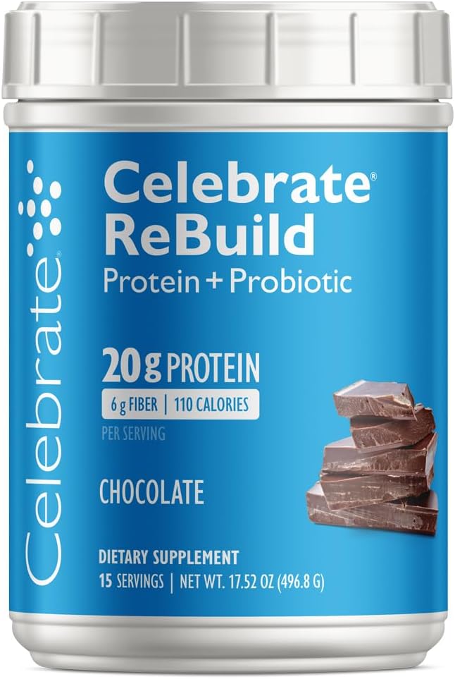 Célébrez les vitamines Reconstruire la poudre de protéines avec les probiotiques et les prébiotiques - 20g Whey Isolate Protein, haute fibre, pour les patients de chirurgie bariatrique - Chocolat (15 portions)