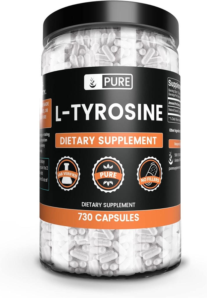 INGRÉDIENTS ORIGINAUX DE PURE L-Tyrosine (730 Capsules) Pas de Magnésium ou de Rice Fillers, Toujours Pure, Verified Lab