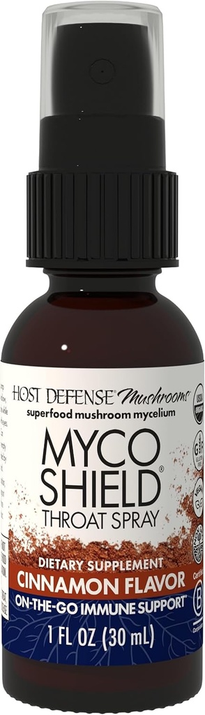 Host Defense MycoShield Throat Spray - Immune Health Support - Supplément de champignons diététiques avec Chaga, Reishi, Turkey Tail & More - On-The-Go Immune Support - Cinnamon Flavor, 1 fl oz (71 services)*