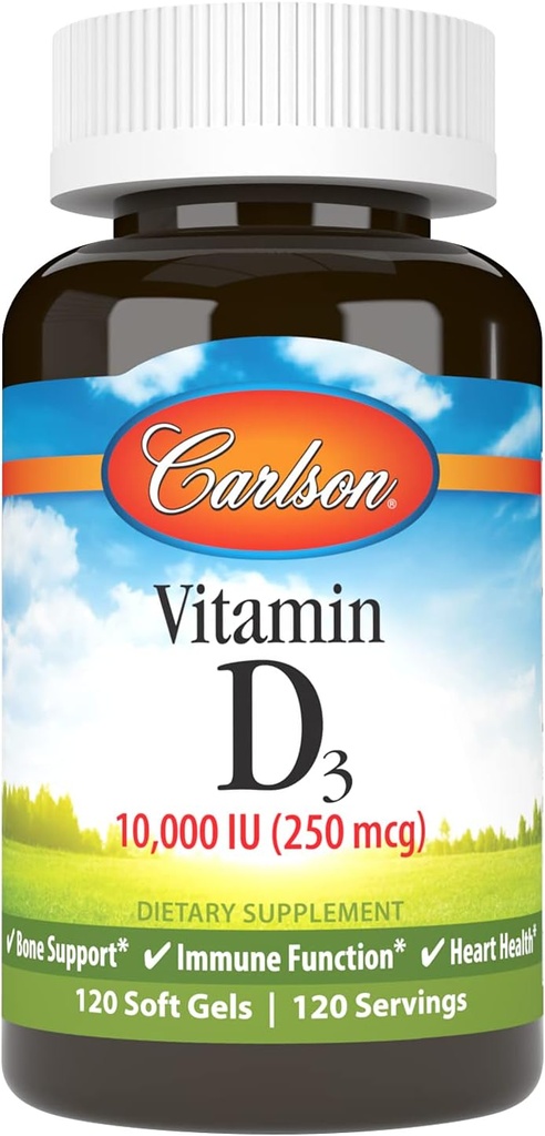 Carlson - Vitamine D3, 10000 UI (250 mcg), Suppléments Vitamine D, Soutien osseux et immunitaire, Softgels Vitamine D3, Santé cardiaque, Capsules de vitamine D sans gluten, 120 Softgels