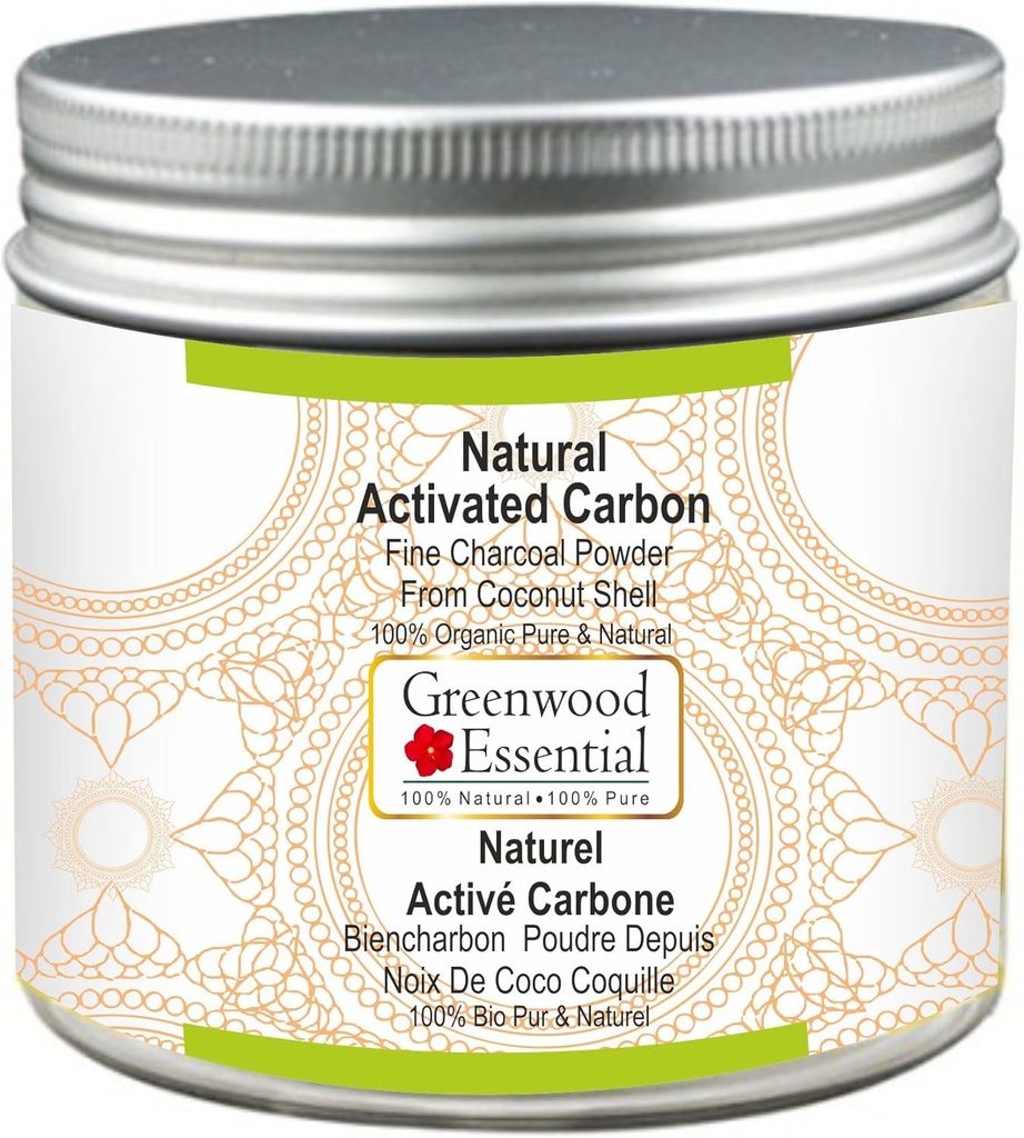 Greenwood Essential Natural Activated Carbon Fine Charcoal Poudre de Coconut Shell 100% Bio Pure & Natural 100gm (3.5 oz)