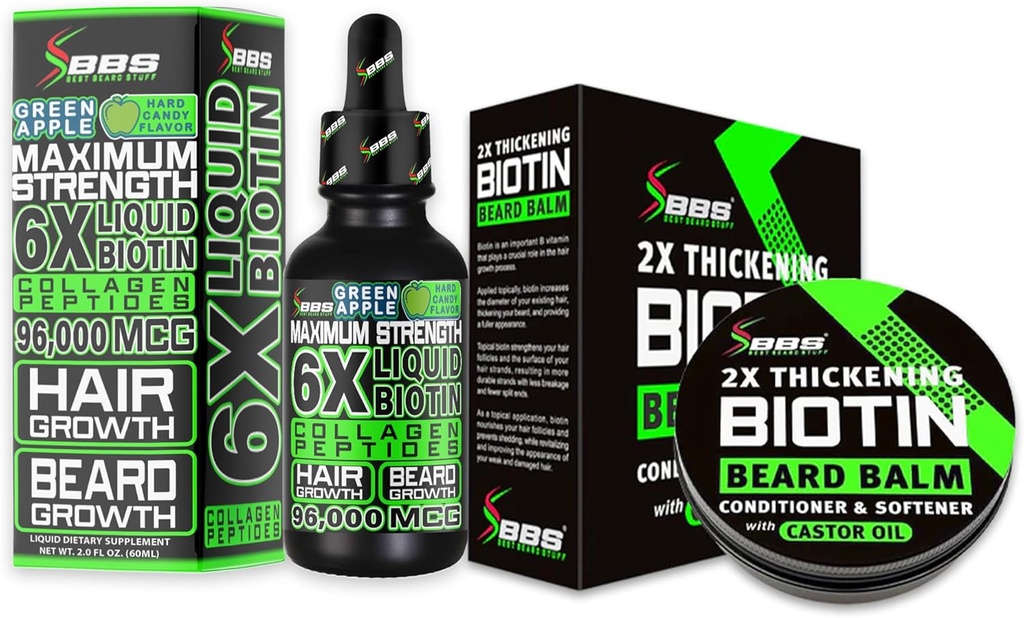 Beard Growth Kit w/ 2X Thickening Biotin Beard Balm & Mustache Wax + 6X Liquid Biotin with Collagen Peptides for Facial Hair Growth - Formulated in America