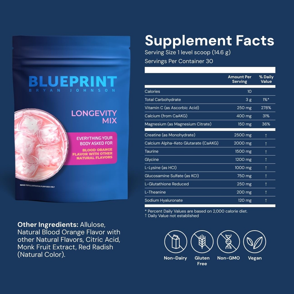 Blueprint Bryan Johnson Longevity Mix - Muscle Builder & Recovery Supplement - Promotion de l'humeur focale et équilibrée - Magnésium, créatine, L-Theanine, glutathion et vitamine C- 30 portions, Orange du sang