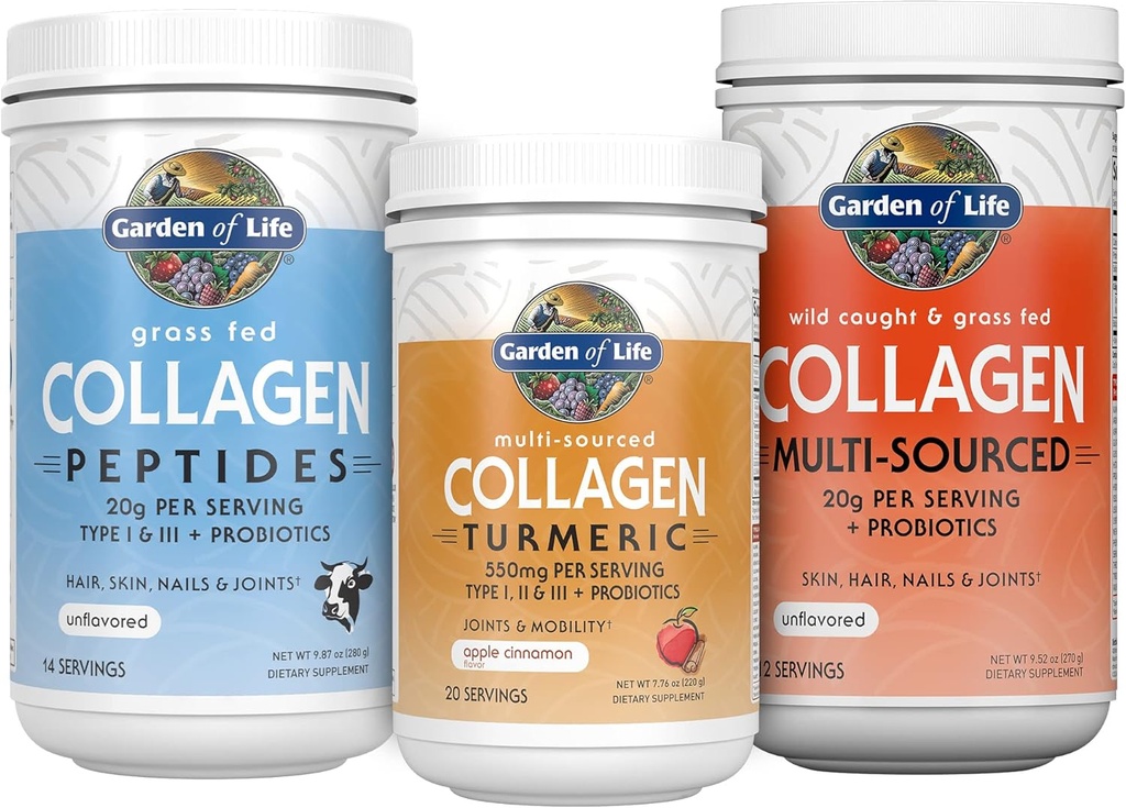Garden of Life Collagen Bundle: Grass Fed Peptides Unflavored 14 Servings + Collagen Turmeric Apple Cinnamon 20 Servings + Multi-Sourced Collagen Unflavored Powder 12 Scoops, Hair, Skin, Nails Joints