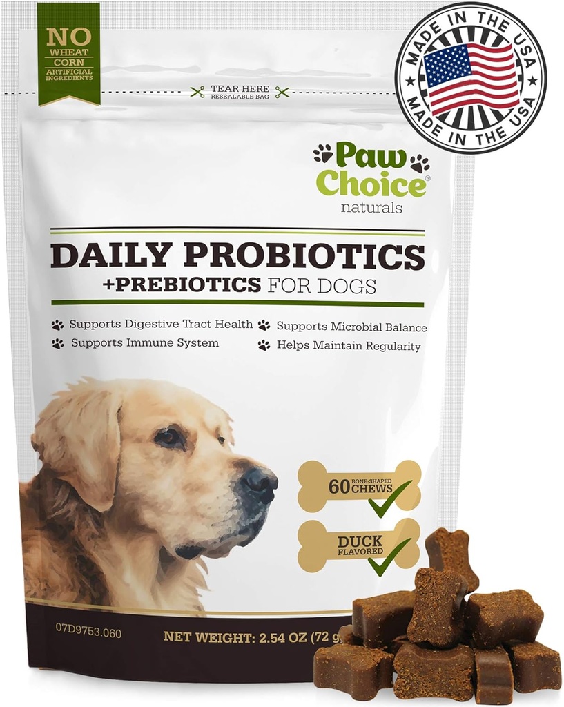 Probiotiques Paw Choice pour les chiens avec des prébiotiques - Chews quotidiens pour la santé Gut, la digestion, la régularité et le soutien immunitaire - Natural supplément Treat Made in USA