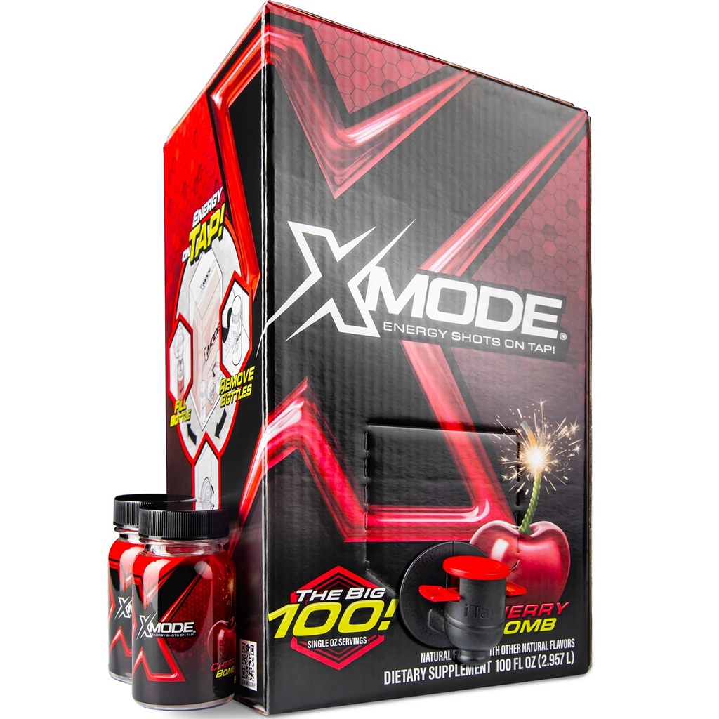 XMODE Extra Strength Energy Shops on Tap – Saveur de bombe à cerise, sans sucre, 150mg caféine par oz, B12, 100 (1oz) Serviettes, distributeur avec 2 bouteilles rechargeables