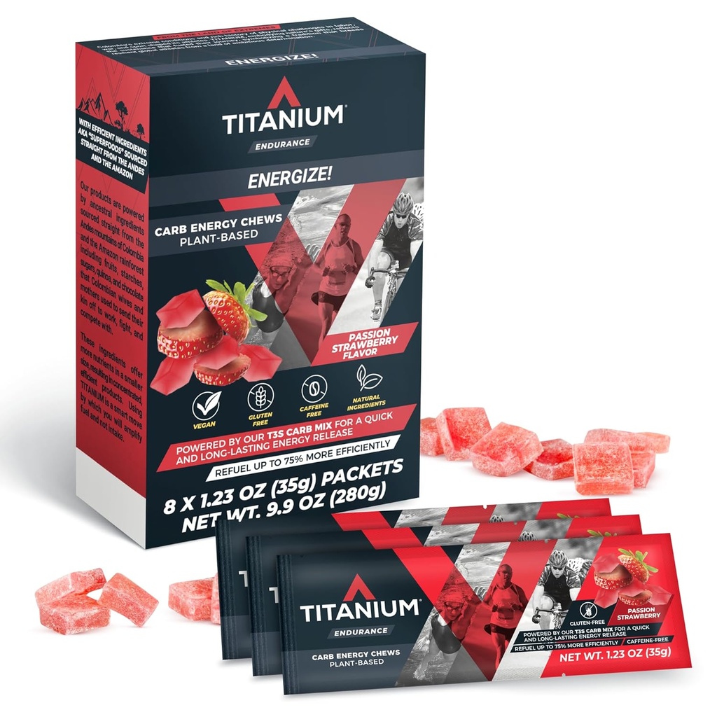 TITANIUM Energy Chews for Running, Cycling - Plant-Based Natural Endurance Energy Gummies to Re Carburant - Suppléments énergétiques - Pré-entraînement Snack Bloks - Gels d'énergie plus rapides - Pas de caféine - 8 Compte