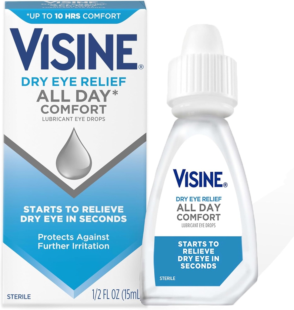Visine Sec Eye Relief All Day Comfort Lubrifiant gouttes oculaires pour jusqu'à 10 heures de confort, gouttes oculaires sèches avec polyéthylène Glycol, 0,5 fl. oz
