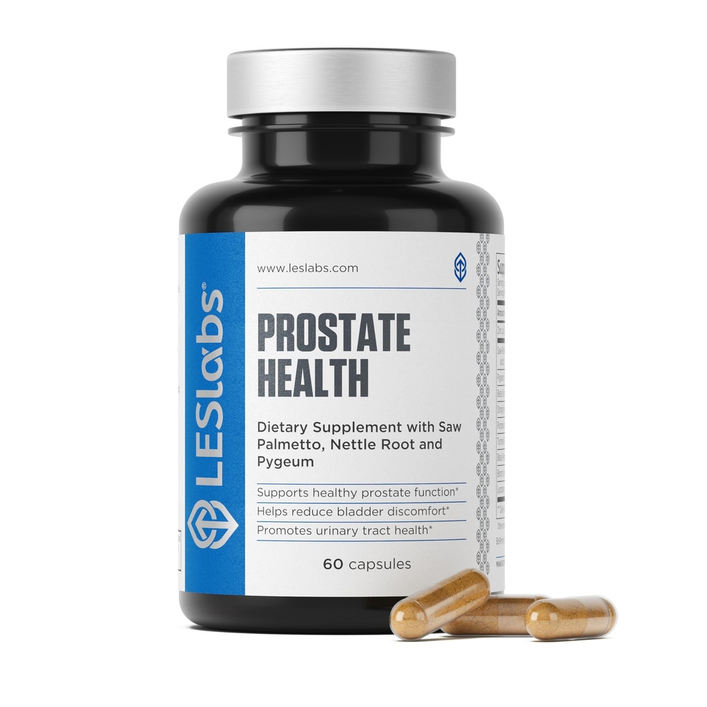 LES Labs Prostate Health – Soutien à la prostate, santé urinaire, moins de visites de salle de bains et sommeil amélioré – Palmetto de scie, Pygeum, Beta Sitostérol & Nettle Root – Supplément non-OGM – 60 capsules
