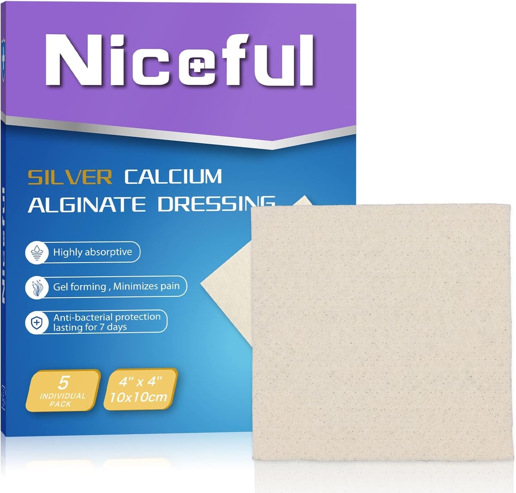 Dressing de la Bague en Calcium Argent 4X4, HSA FSA Admissibilité, très absorbant Ag Argent Calcium Alginate Dressing Pads Soft, 5 Pcs