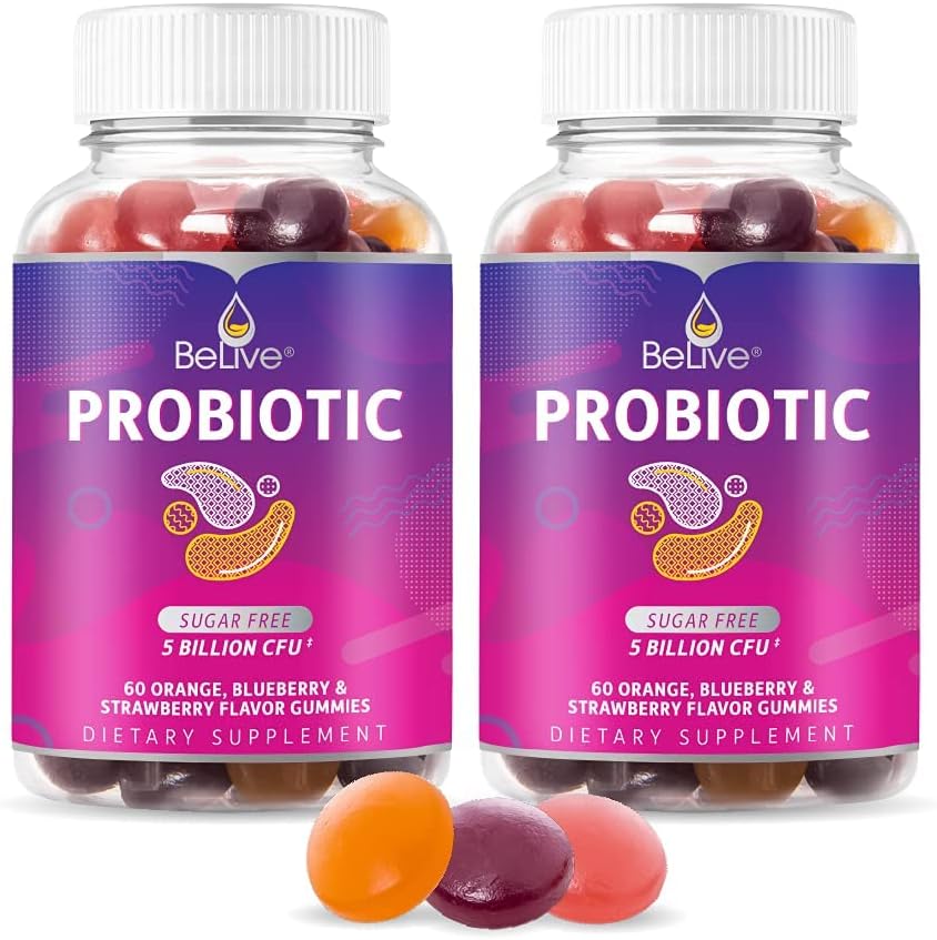 Gommies probiotiques BeLive - Probiotiques avec 5 milliards d'UCF pour la santé digestive, hommes, femmes et enfants suppléments probiotiques pour le soutien immunitaire, sans sucre et végétalien – Blueberry, fraise et orange