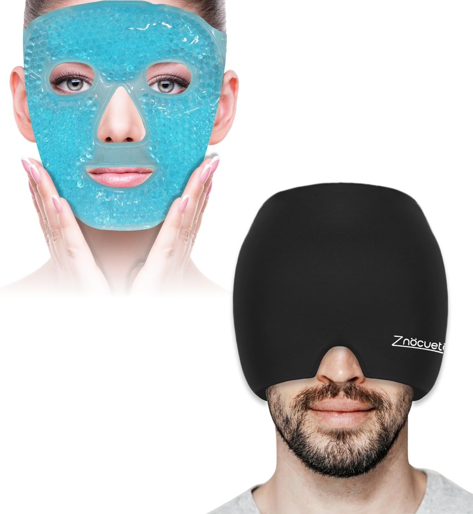ZNÖCUETÖD Paquet de perles de gel Masque de la face de glace pour les maux de tête, les yeux puants, la rougeur et la migraine Chapeau de soulagement des maux de tête, Pochette de glace tête Enveloppe de refroidissement Gel de glace Bonnet froide