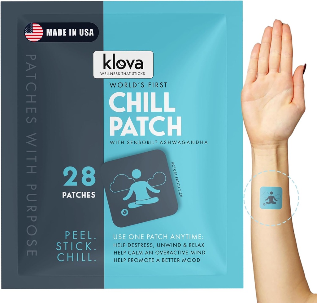 Klova Patchs avec Sensoril Ashwagandha, Rhodiola Rosea, Passion Flower, Ginger Root Extract, L-Theanine, GABA et d'autres ingrédients naturels pour aider la détresse, se détendre et se détendre