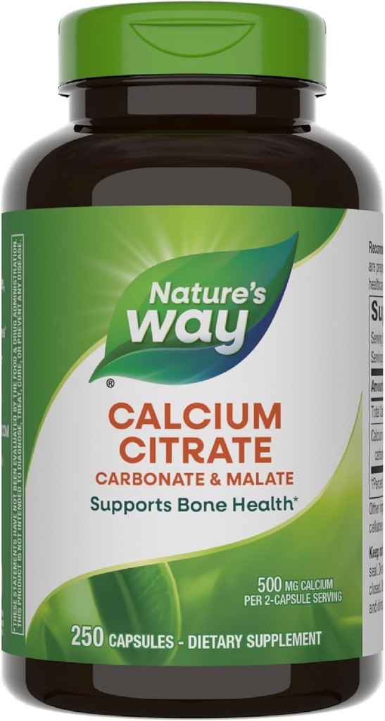 Citrate de calcium naturel, 500 mg de calcium par portion de 2 capsules, pour la santé osseuse et la fonction musculaire*, mélange de citrate, de carbonate et de malate, sans gluten, 250 capsules (paquetage May Vary)