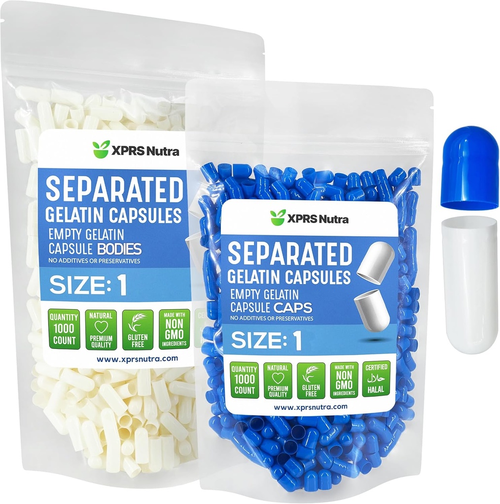 XPRS Nutra Taille 1 Capsules séparées par la gélatine - 1000 capsules vides de comptage séparées dans des sacs - pilules vides pour le remplissage de supplément de bricolage (bleu/blanc)