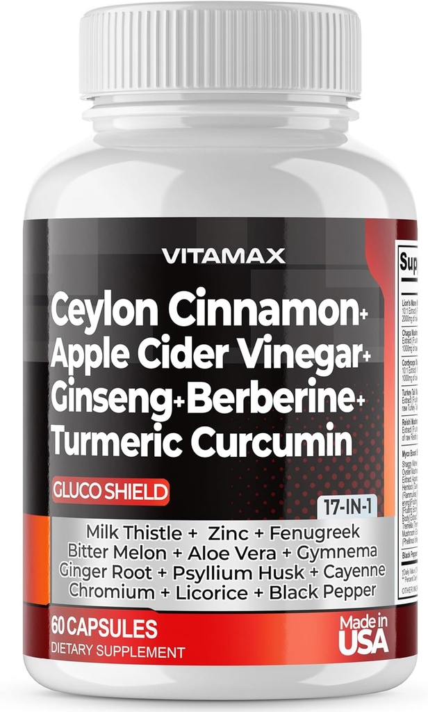 Ceylan Cinnamon, vinaigre de cidre de pomme, curcuma - Gluco Health Support - Panax Ginseng, Berberine, Bitter Melon Lait Thistle Fenugreek - Non OGM – Fabriqué aux États-Unis – 60ct