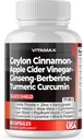 Ceylan Cinnamon, vinaigre de cidre de pomme, curcuma - Gluco Health Support - Panax Ginseng, Berberine, Bitter Melon Lait Thistle Fenugreek - Non OGM – Fabriqué aux États-Unis – 60ct