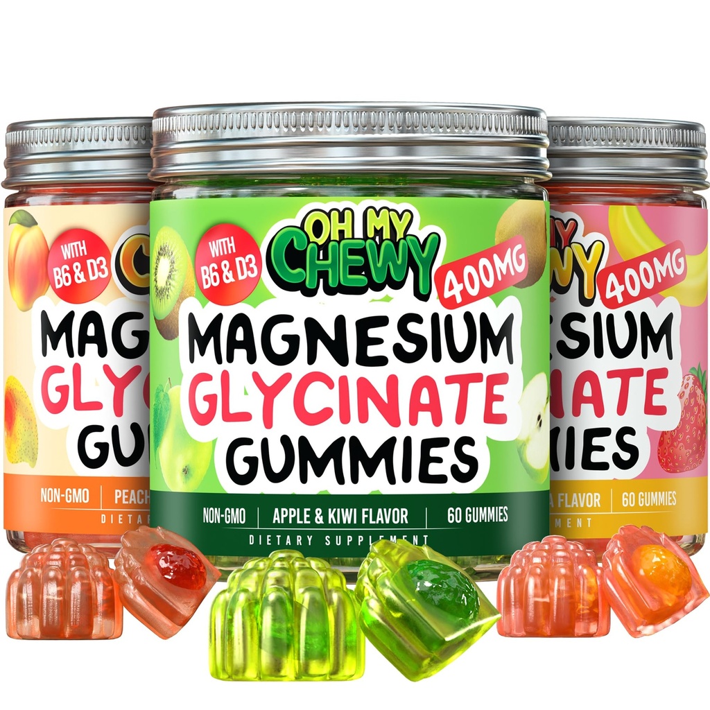 OH MY CHEWY Magnesium Gummies Variety Pack – 3 Bottles (60 Each) – Strawberry Banana, Apple Kiwi & Peach Mango